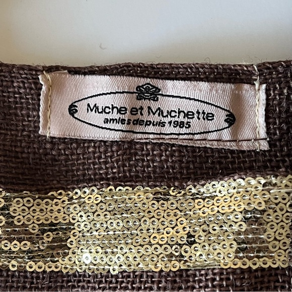 Muche et Muchette jute tote bag, chocolate brown and gold tone sequinns, NWOT - Picture 2 of 9